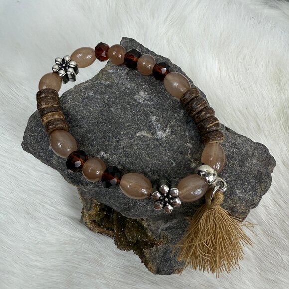 Coconut & Brown Fringe Stretch Bracelet with Tassel - Picture 1 of 5